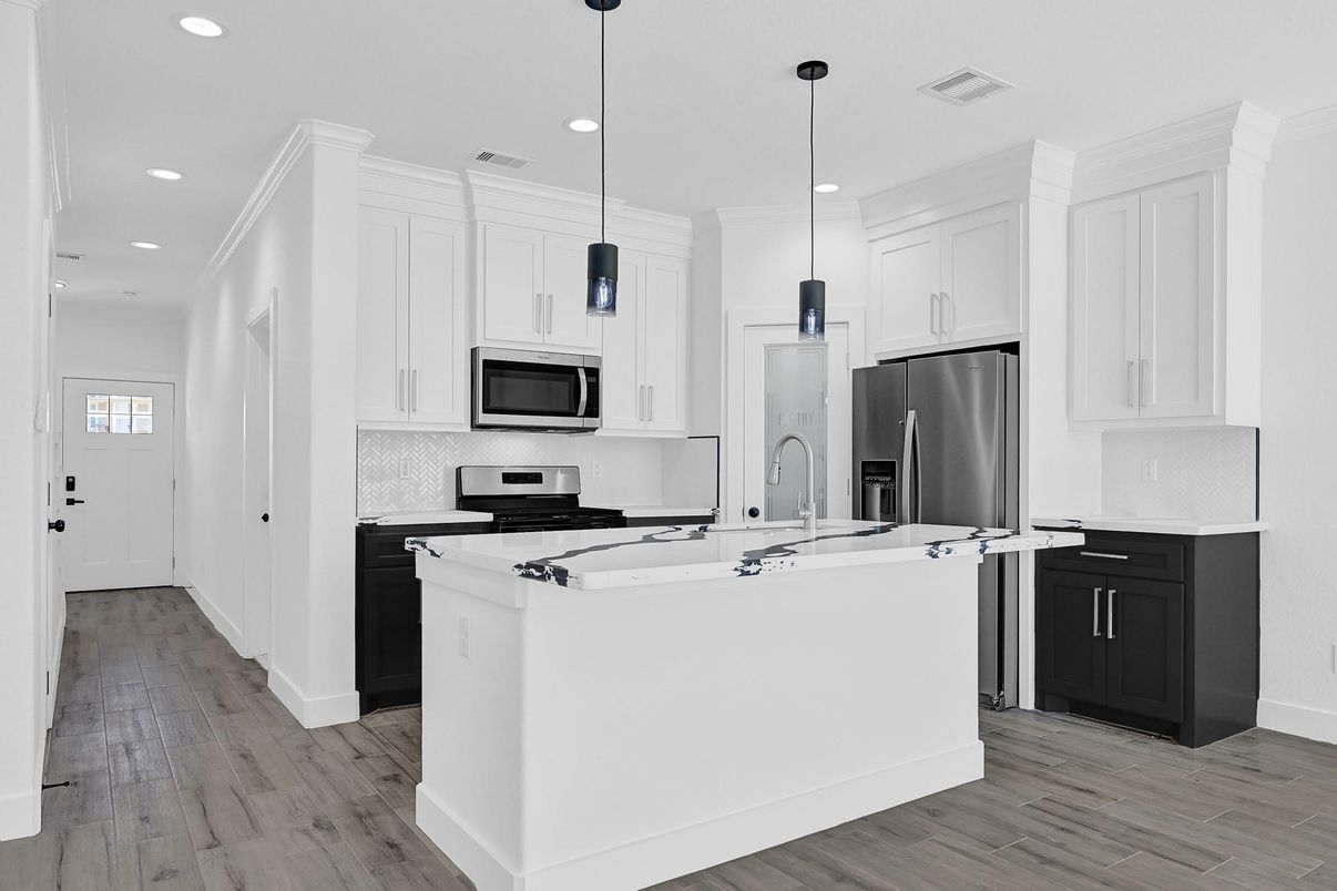 Interior, Kitchen, Pendant Lights, Recessed Lighting, Stainless Steel Appliances, Wood Texture Flooring