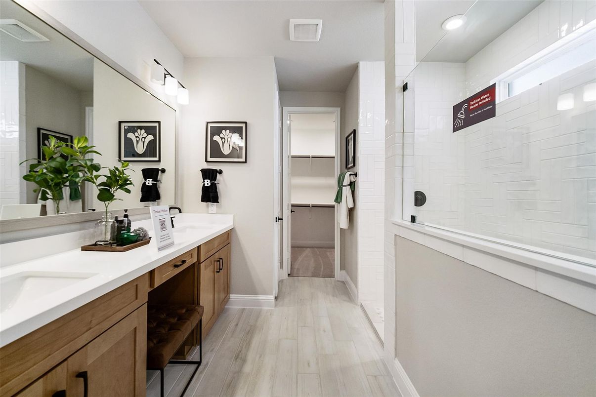 Bathroom, Dual Sink Vanities, Interior, Recessed Lighting, Wood Texture Flooring