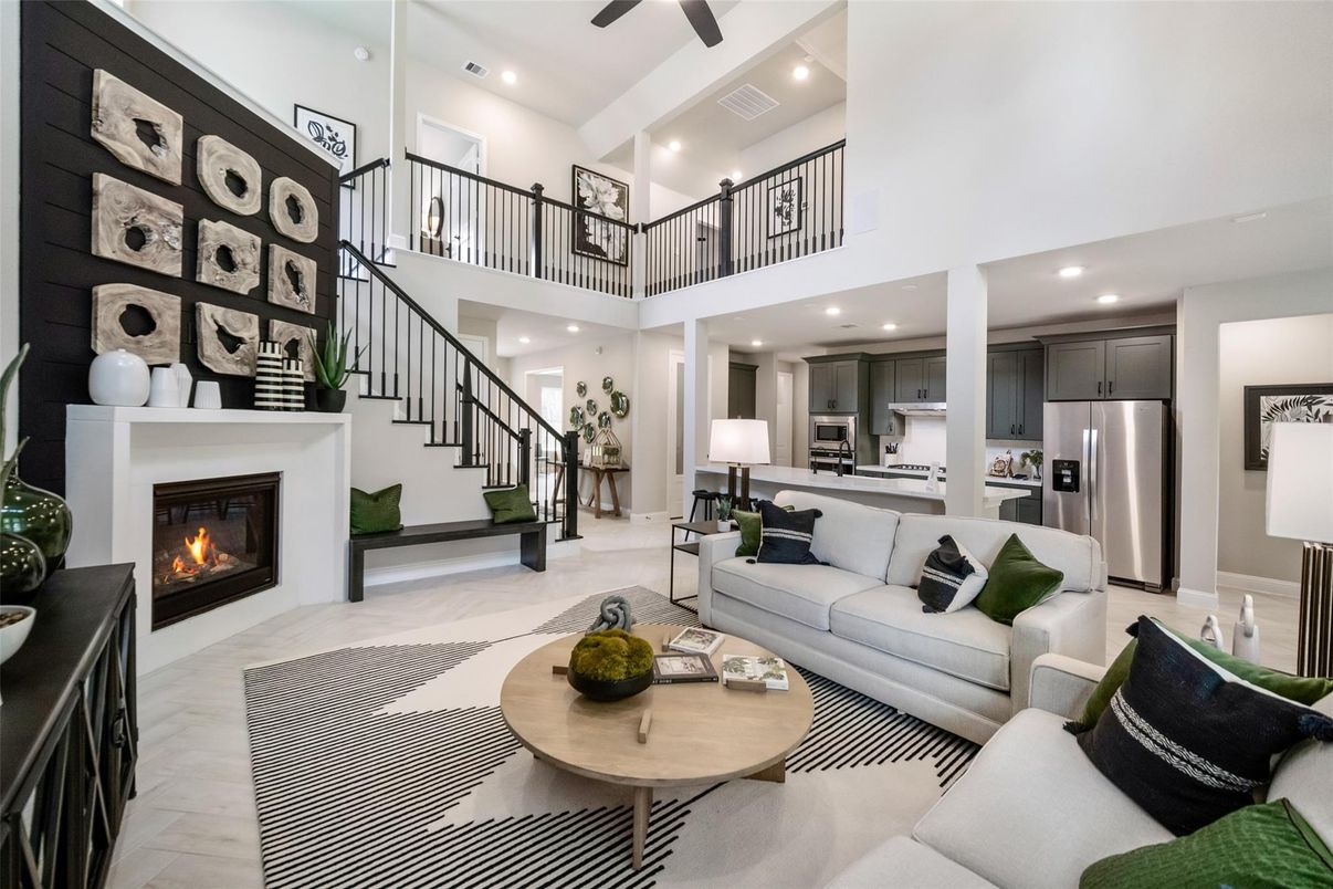 Fireplace, Interior, Kitchen, Living room, Recessed Lighting, Stainless Steel Appliances
