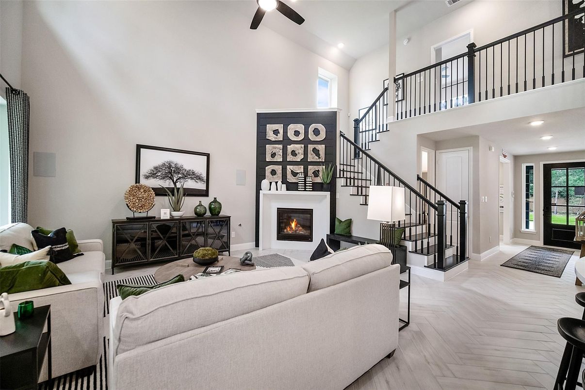 Fireplace, Interior, Living room, Recessed Lighting, Wood Texture Flooring