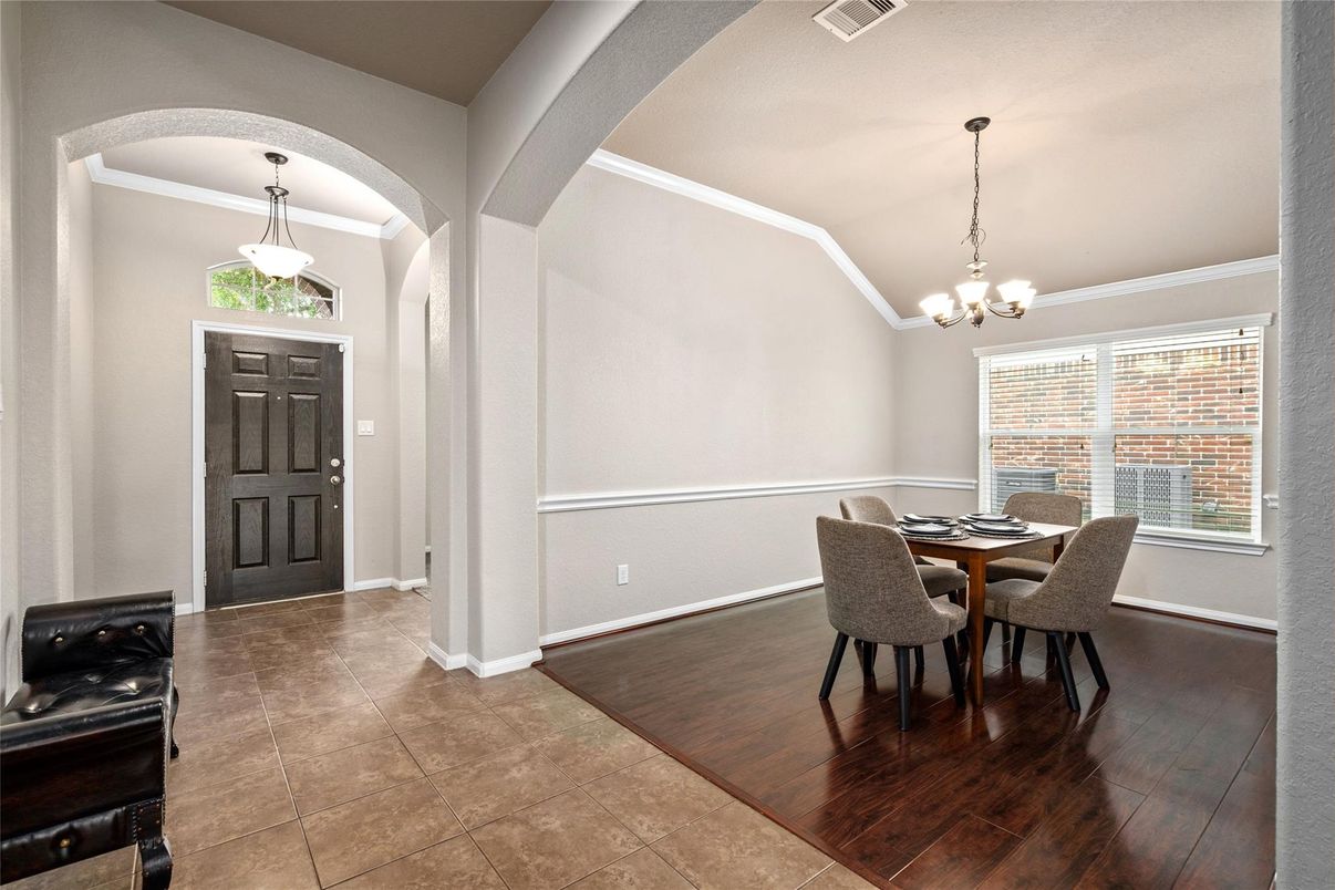 Chandelier, Dining room, Interior, Pendant Lights, Wood Texture Flooring