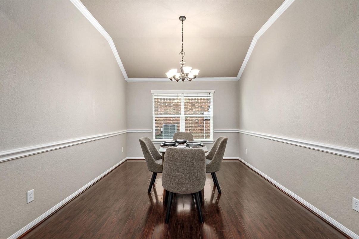 Chandelier, Dining room, Interior, Wood Texture Flooring
