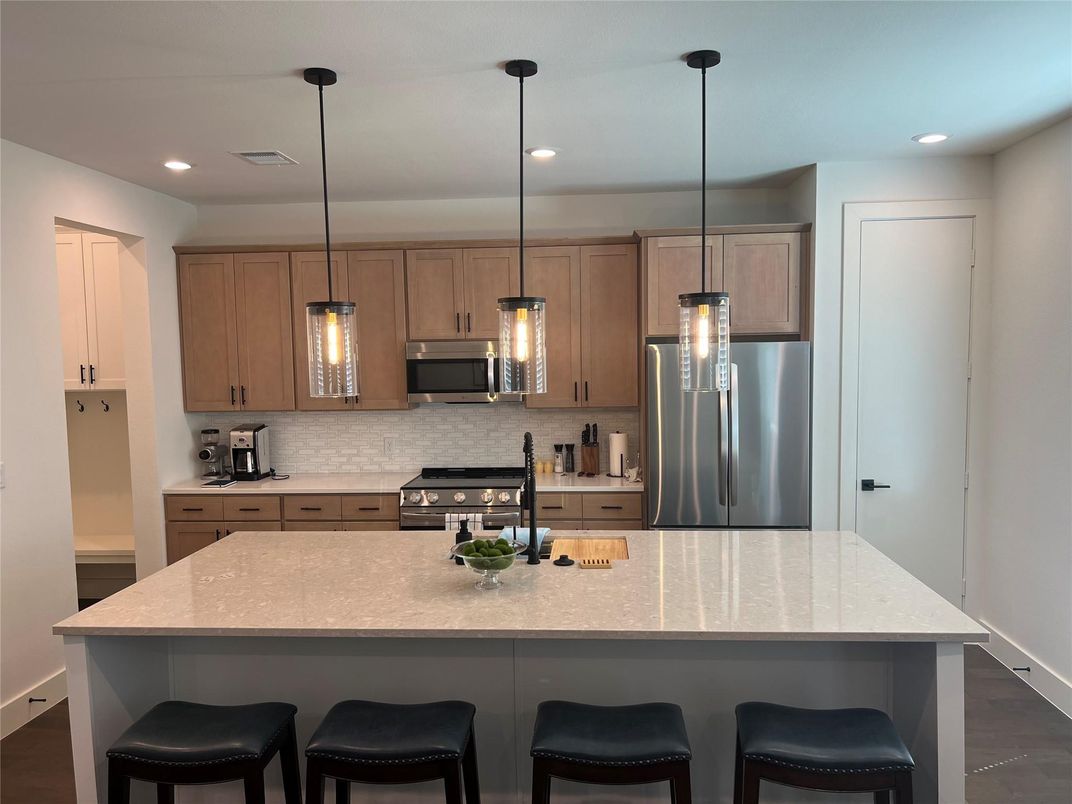 Interior, Kitchen, Pendant Lights, Recessed Lighting, Stainless Steel Appliances, Wood Texture Flooring