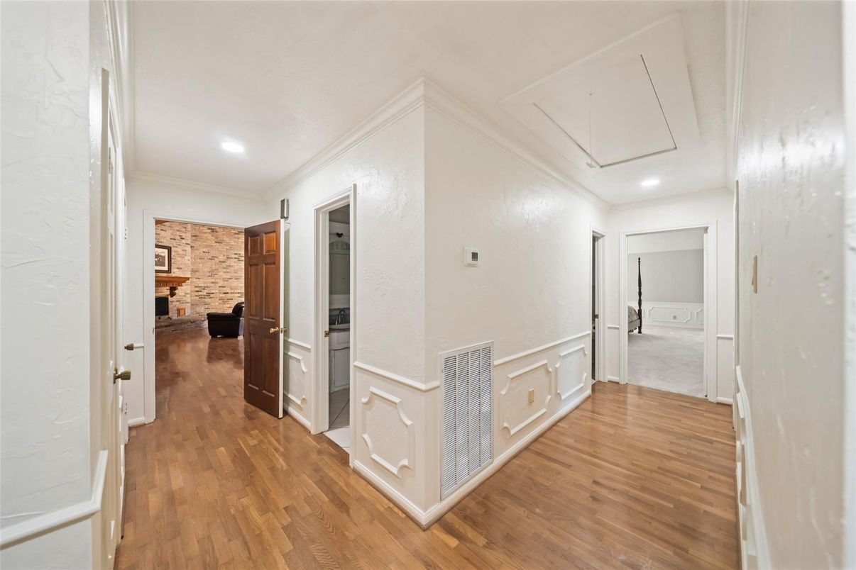 Interior, Recessed Lighting, Stone Walls, Wood Texture Flooring