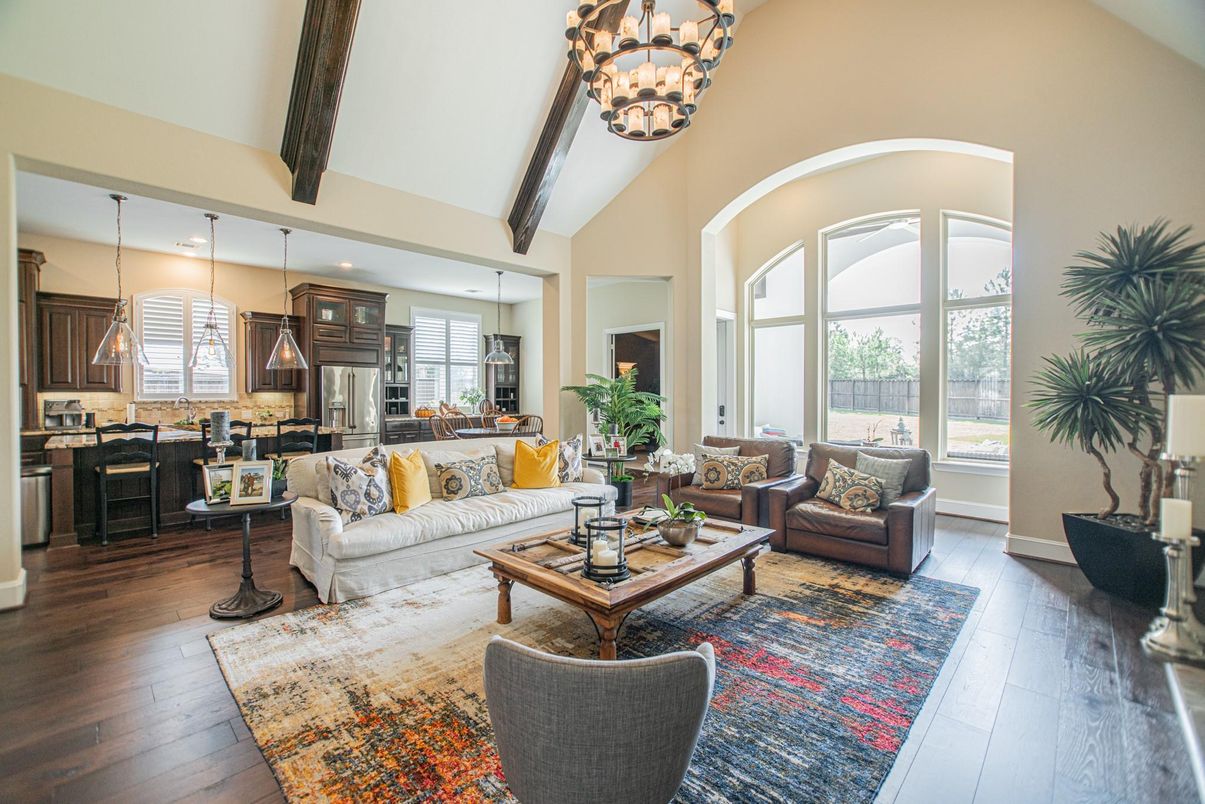 Chandelier, Interior, Kitchen, Living room, Pendant Lights, Stainless Steel Appliances, Wooden Beams, Wood Texture Flooring