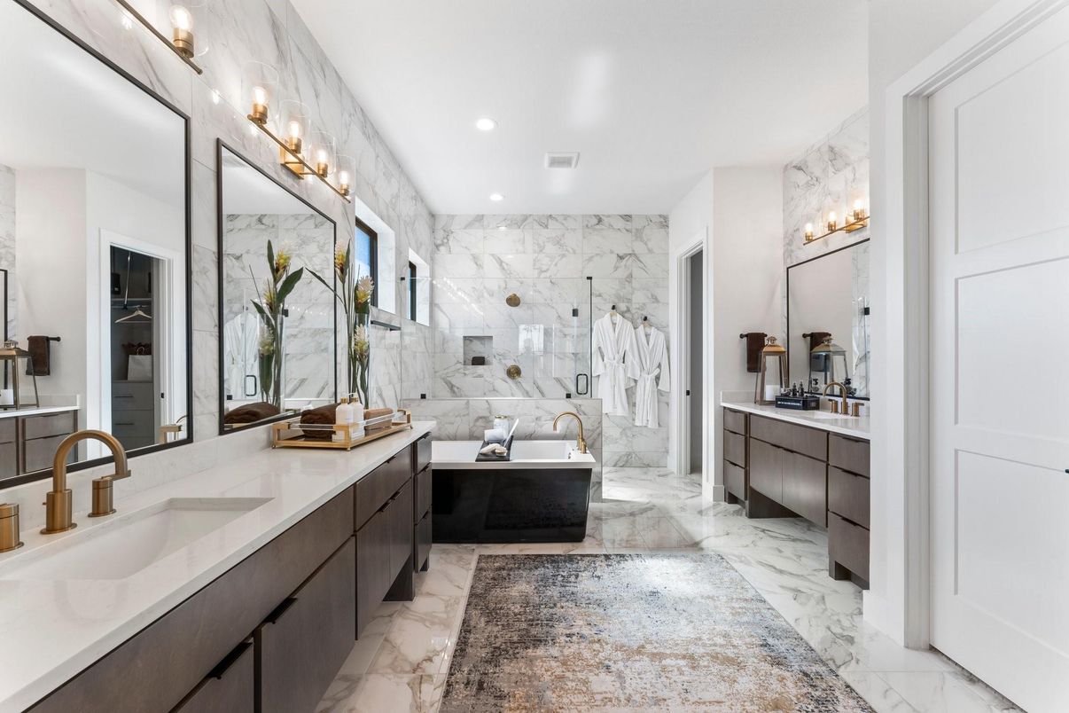 Bathroom, Dual Sink Vanities, Free Standing Baths, Glass Shower, Interior, Marble, Marble Walls, Recessed Lighting
