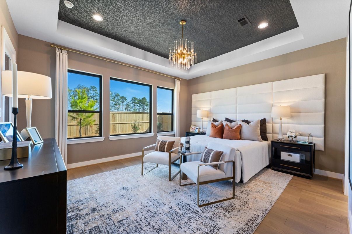 Bedroom, Chandelier, Interior, Pendant Lights, Recessed Lighting, Wood Texture Flooring