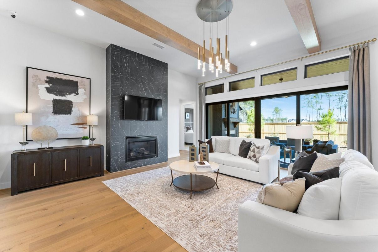 Fireplace, Interior, Living room, Pendant Lights, Recessed Lighting, Wooden Beams, Wood Texture Flooring