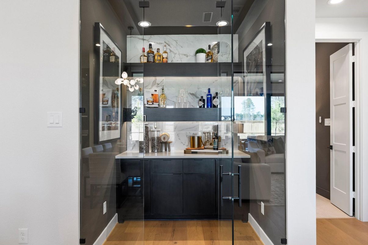 Interior, Marble Walls, Pendant Lights, Recessed Lighting, Wood Texture Flooring