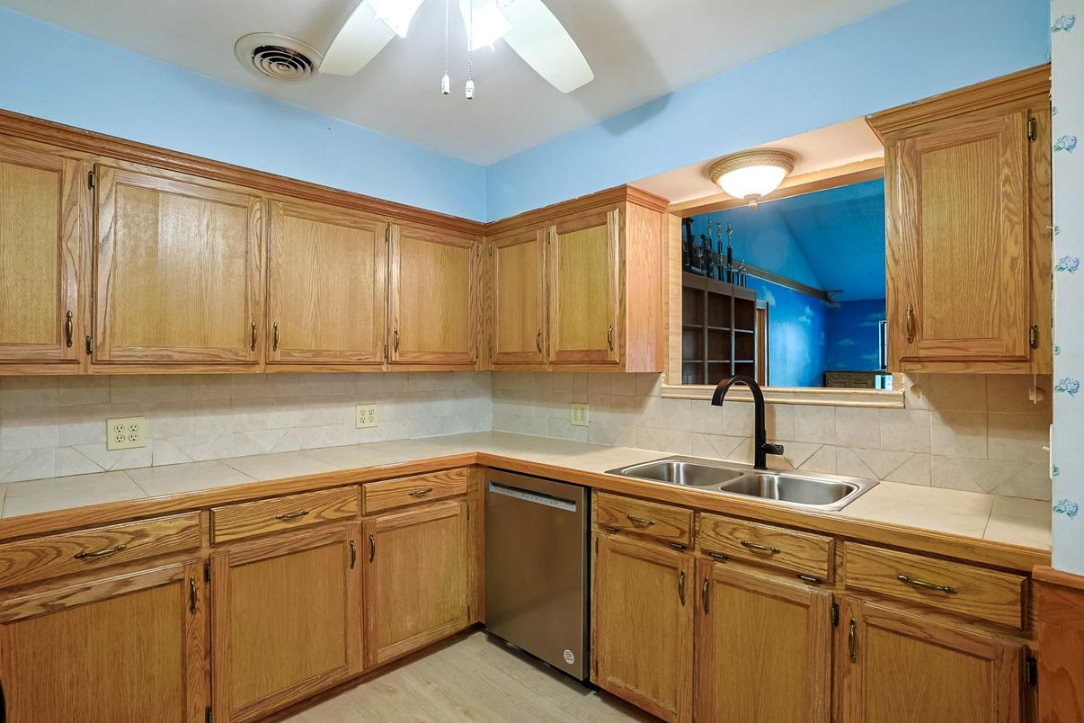 Interior, Kitchen, Tile Countertops, Wood Texture Flooring