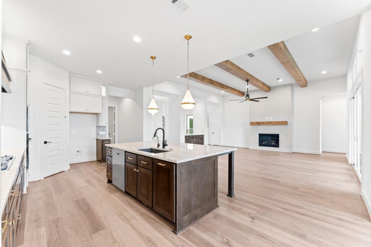 Fireplace, Interior, Kitchen, Pendant Lights, Recessed Lighting, Wooden Beams, Wood Texture Flooring