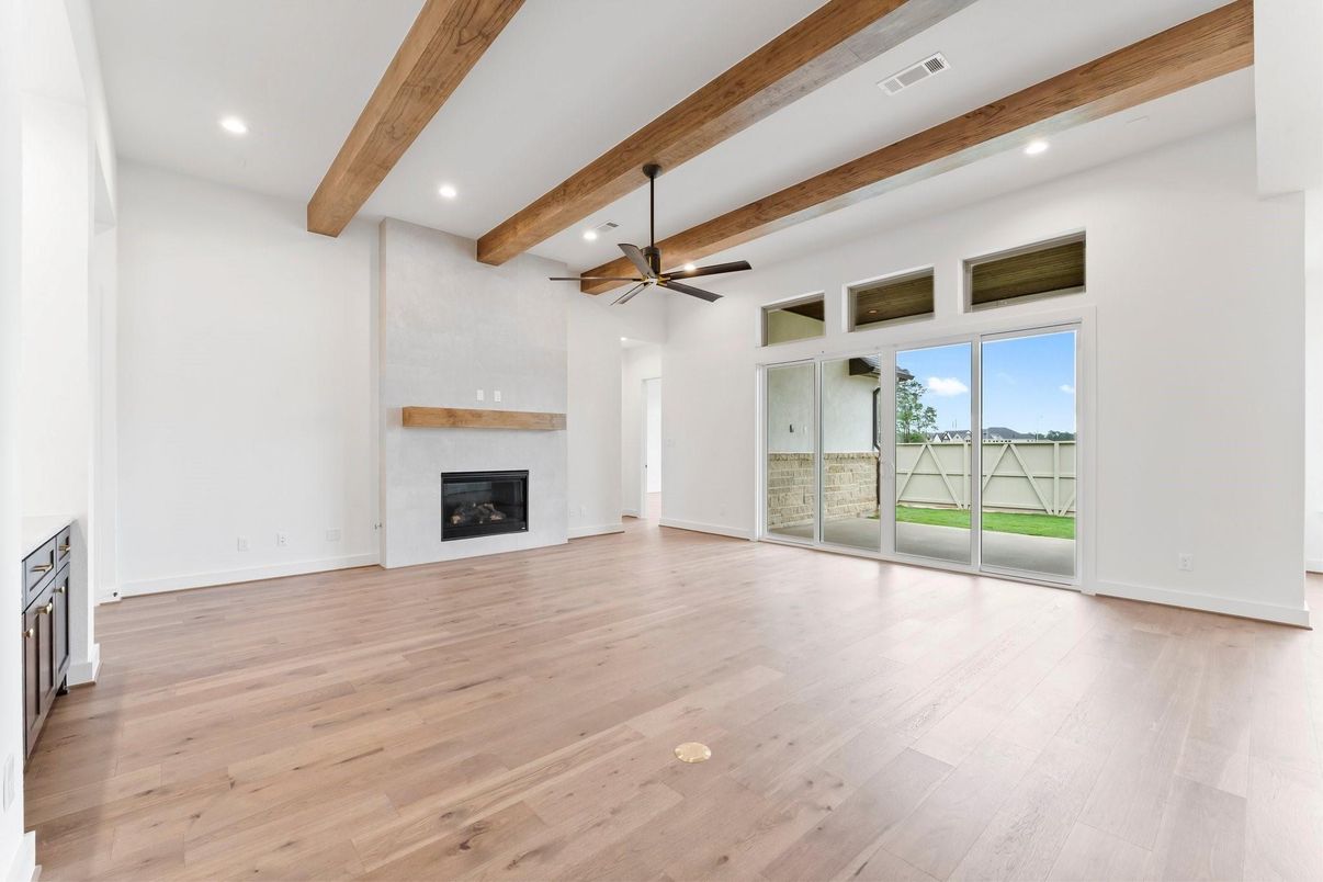 Empty room, Fireplace, Interior, Recessed Lighting, Wooden Beams, Wood Texture Flooring