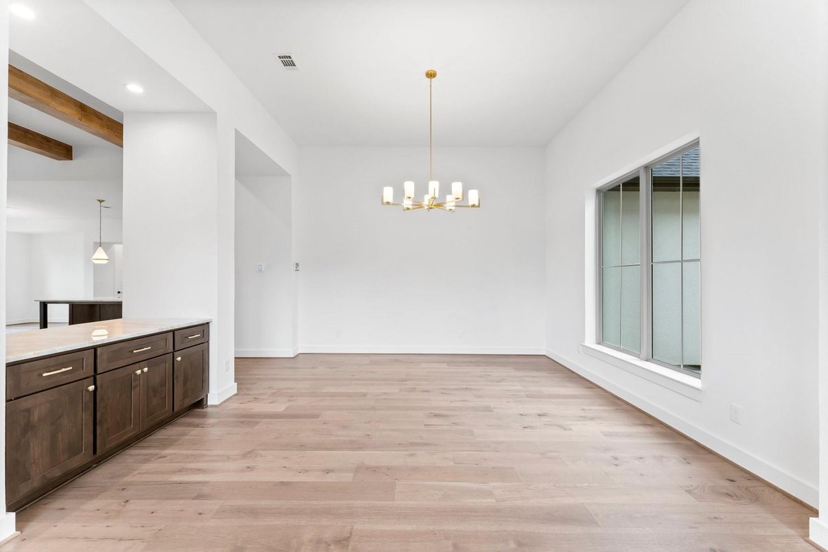 Empty room, Interior, Pendant Lights, Recessed Lighting, Wooden Beams, Wood Texture Flooring