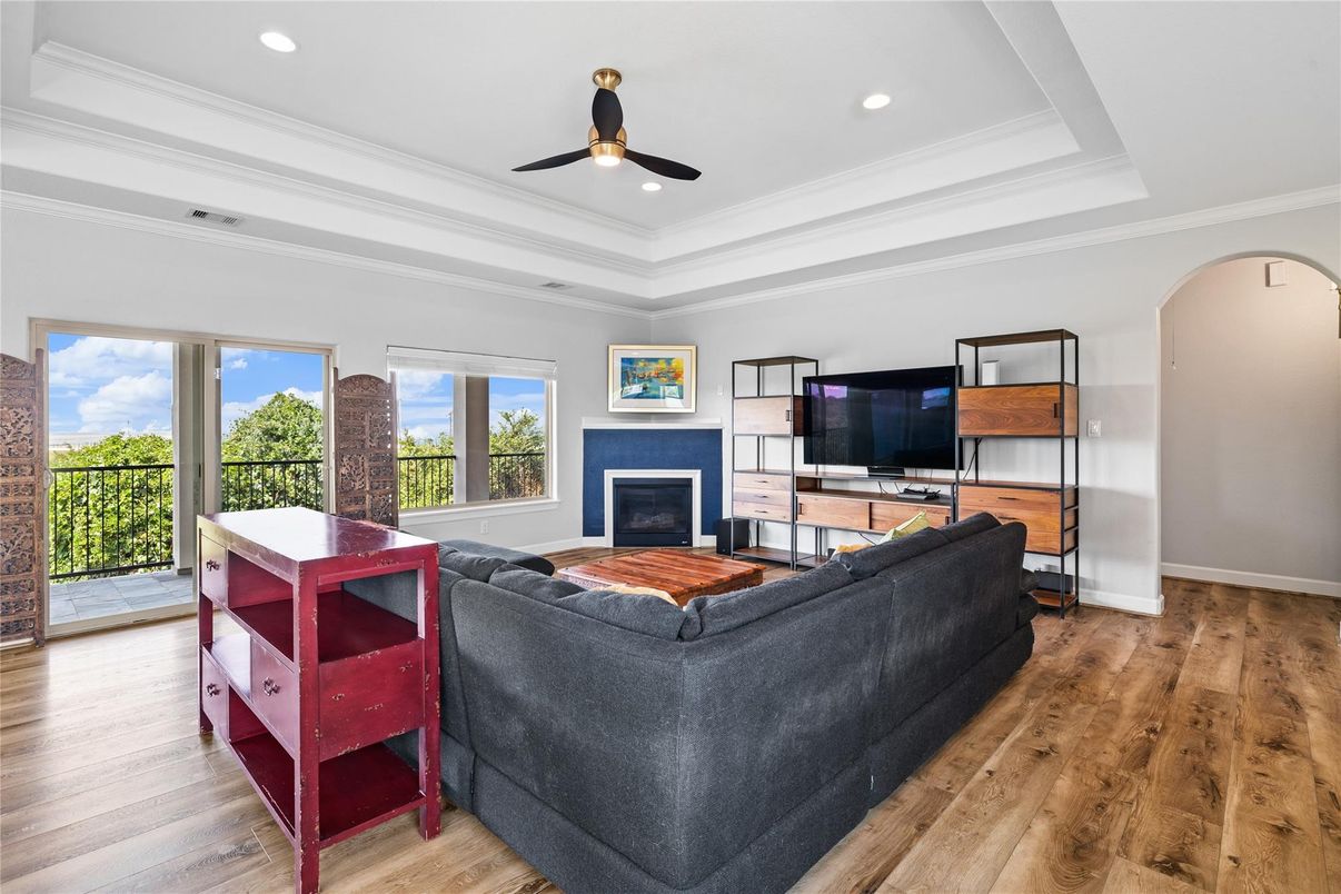 Fireplace, Interior, Living room, Recessed Lighting, Wood Texture Flooring