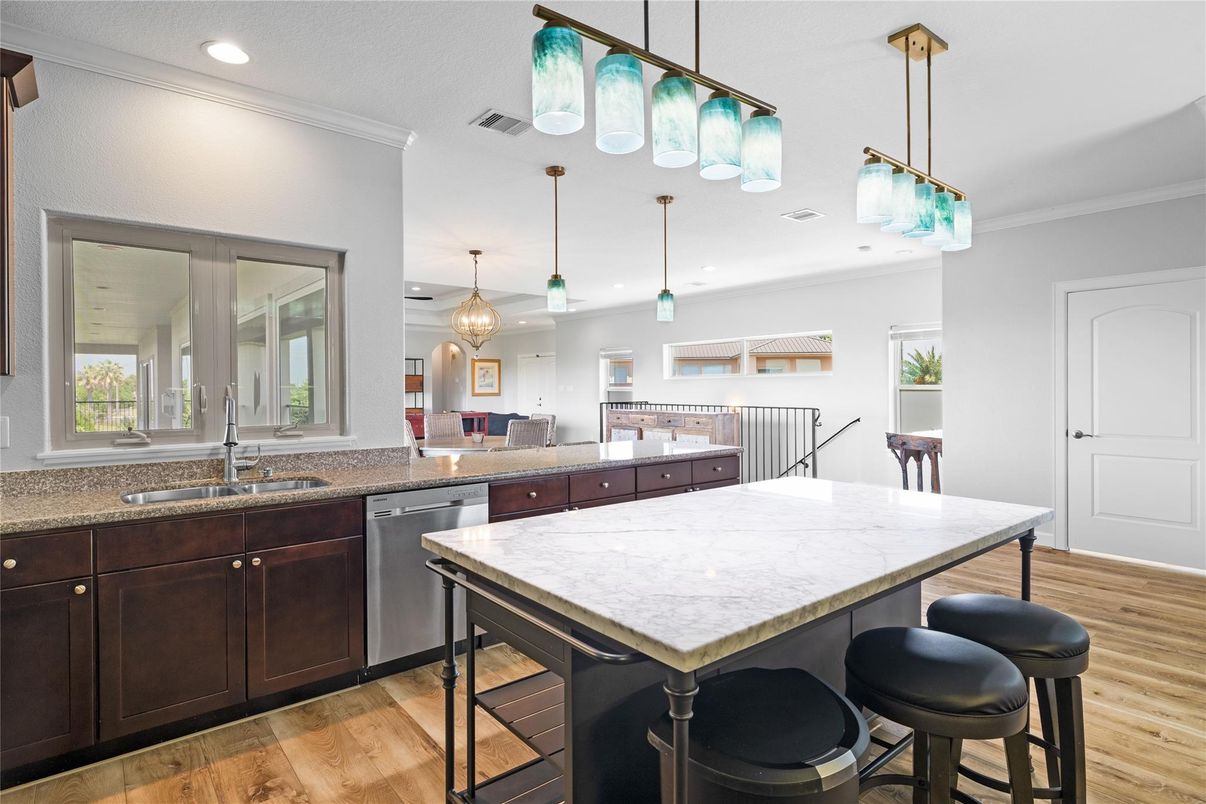Interior, Kitchen, Pendant Lights, Recessed Lighting, Wood Texture Flooring
