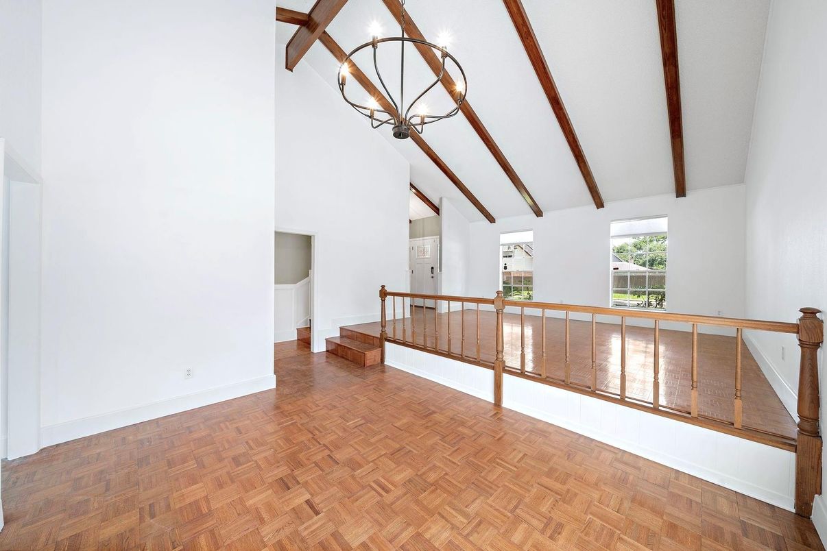 Chandelier, Empty room, Interior, Pendant Lights, Wooden Beams, Wood Texture Flooring