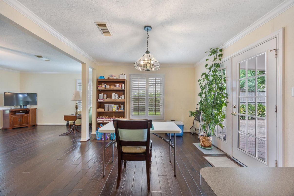 Dining room, Interior, Pendant Lights, Wood Texture Flooring