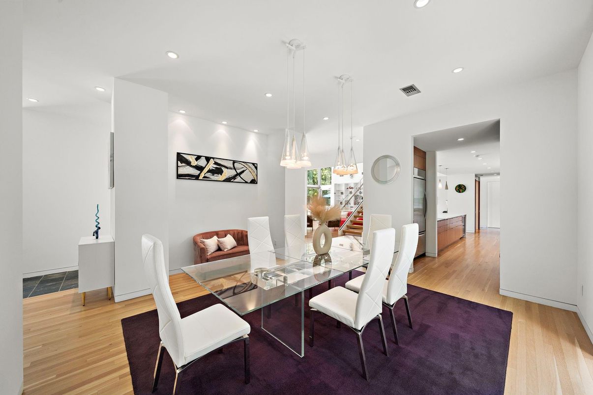 Dining room, Interior, Pendant Lights, Recessed Lighting, Wood Texture Flooring