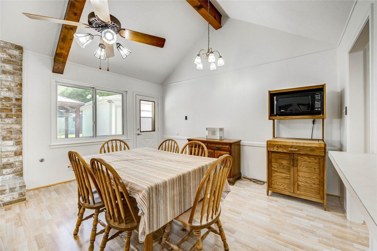 Dining room, Interior, Pendant Lights, Wooden Beams, Wood Texture Flooring