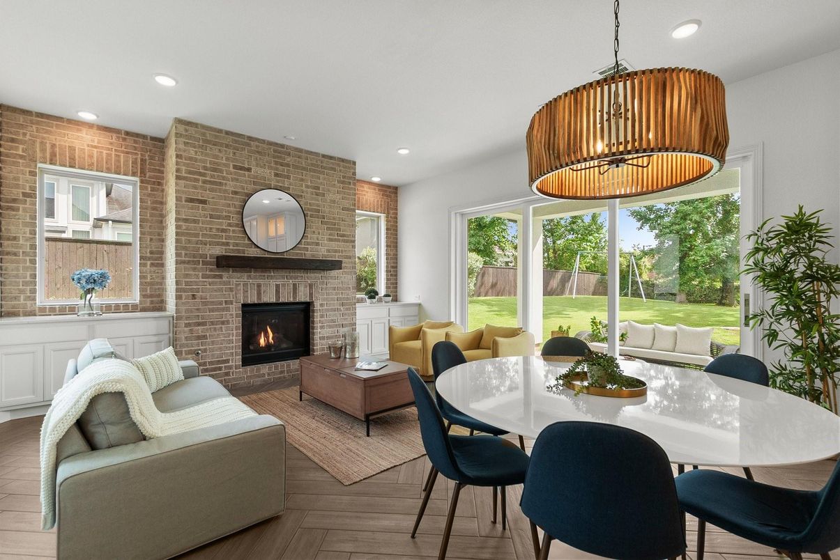 Dining room, Fireplace, Interior, Kitchen, Living room, Pendant Lights, Recessed Lighting, Stainless Steel Appliances, Stone Walls, Wood Texture Flooring