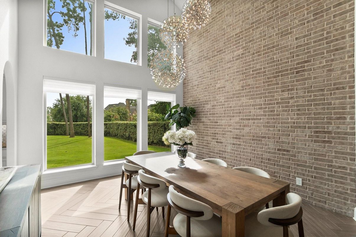 Dining room, Interior, Pendant Lights, Wood Texture Flooring