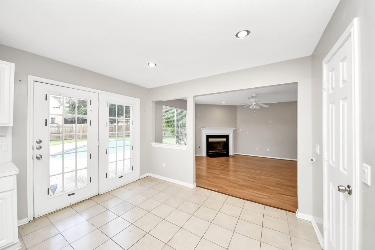 Empty room, Fireplace, Interior, Recessed Lighting, Wood Texture Flooring
