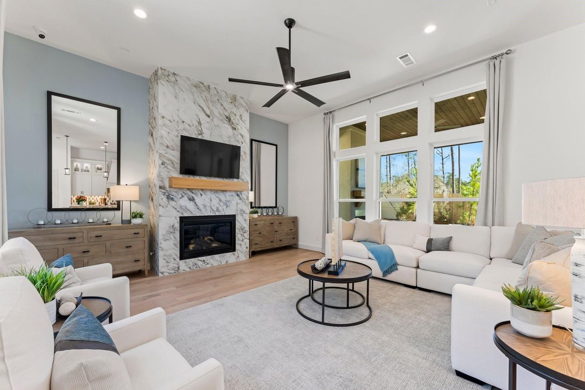 Fireplace, Interior, Living room, Marble Walls, Recessed Lighting, Wood Texture Flooring
