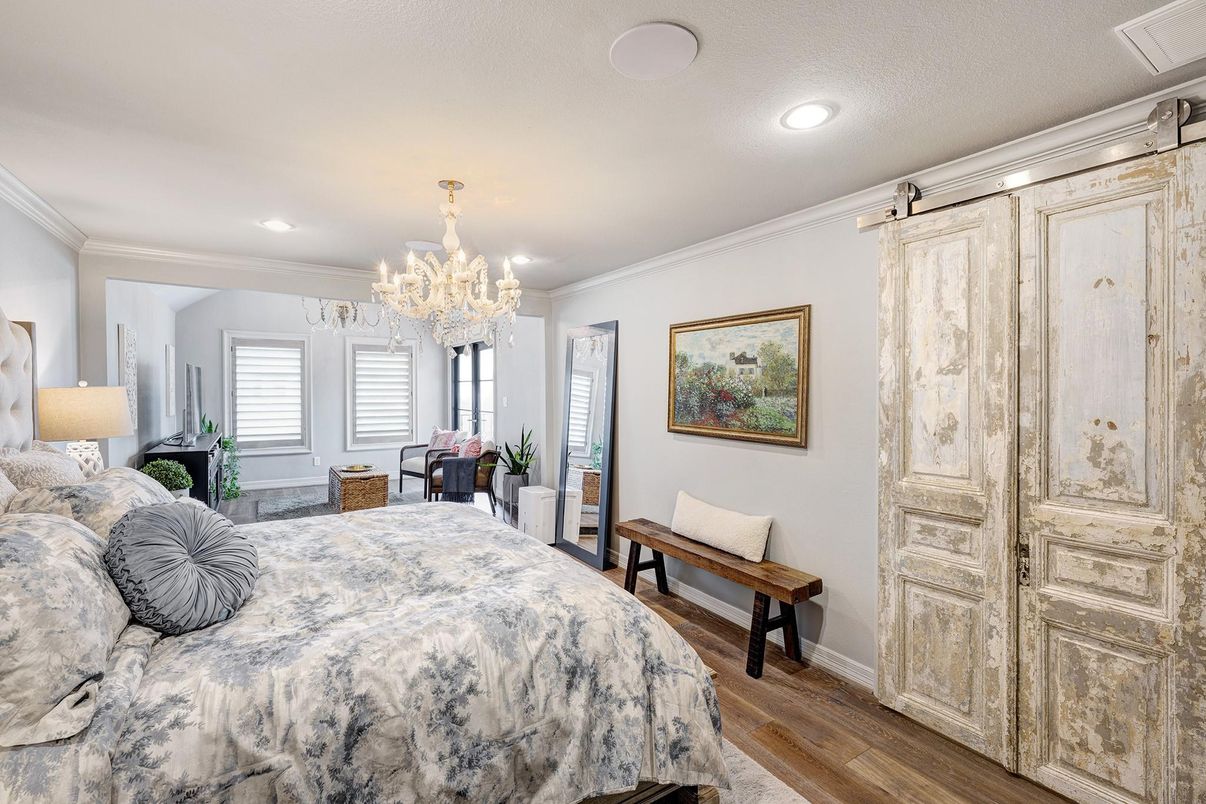 Bedroom, Chandelier, Interior, Recessed Lighting, Wood Texture Flooring