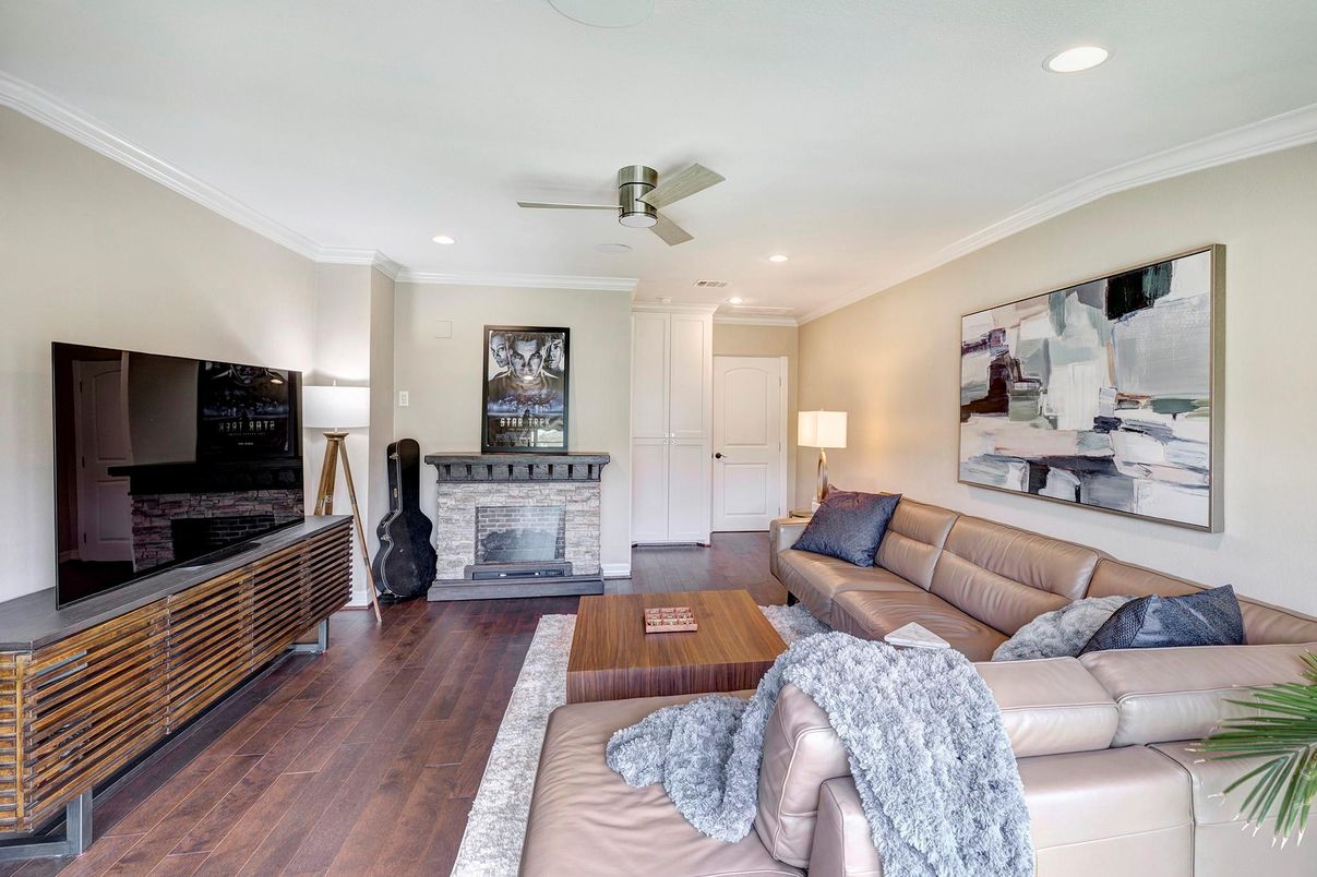 Fireplace, Interior, Living room, Recessed Lighting, Wood Texture Flooring