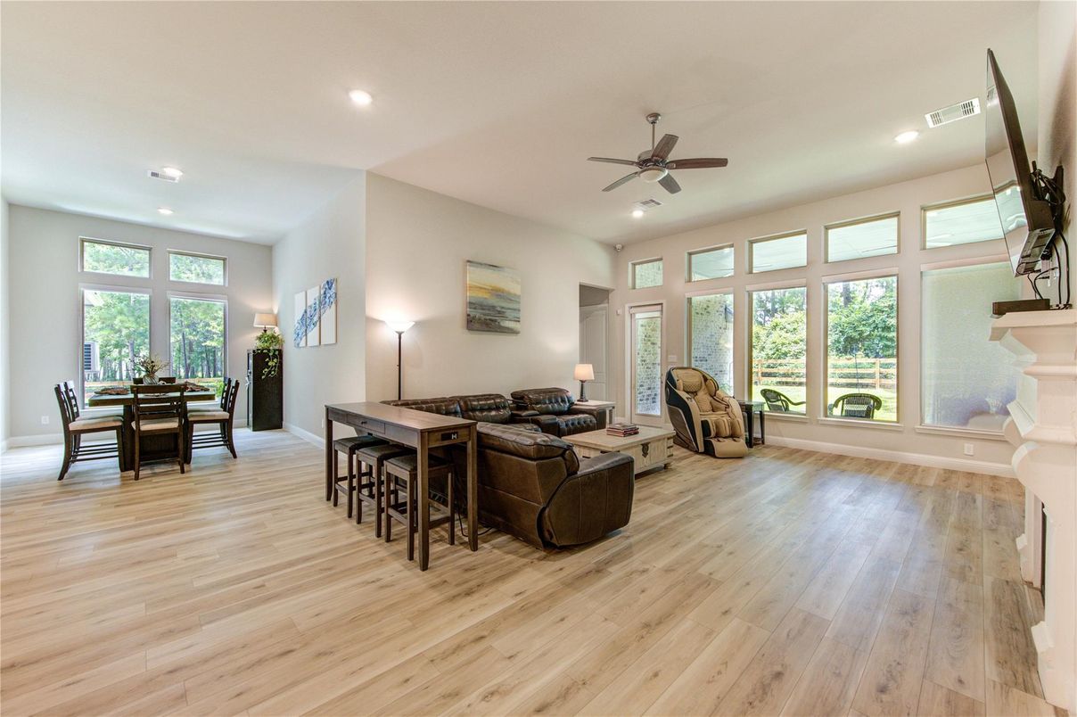 Dining room, Interior, Living room, Recessed Lighting, Wood Texture Flooring