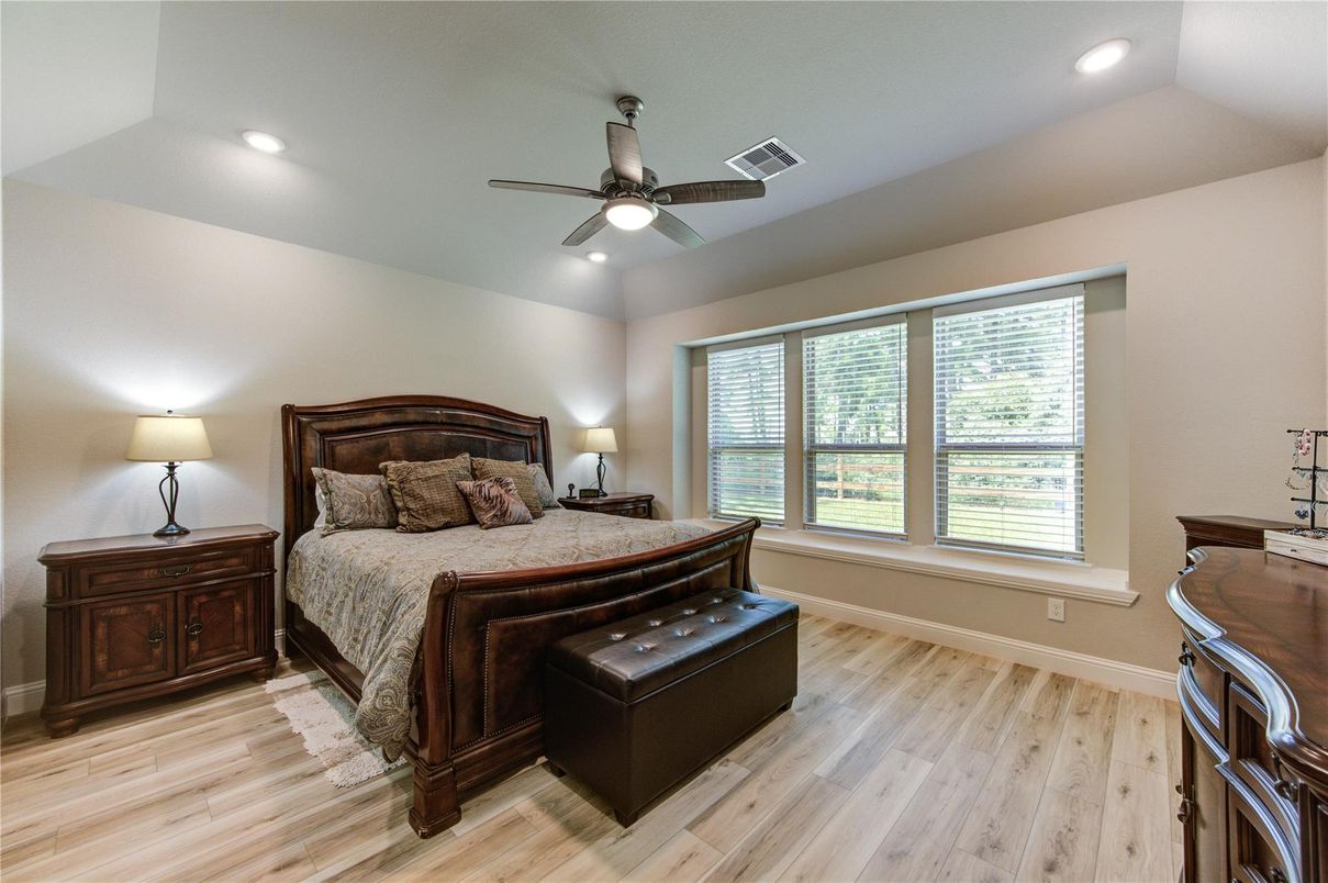 Bedroom, Interior, Recessed Lighting, Wood Texture Flooring