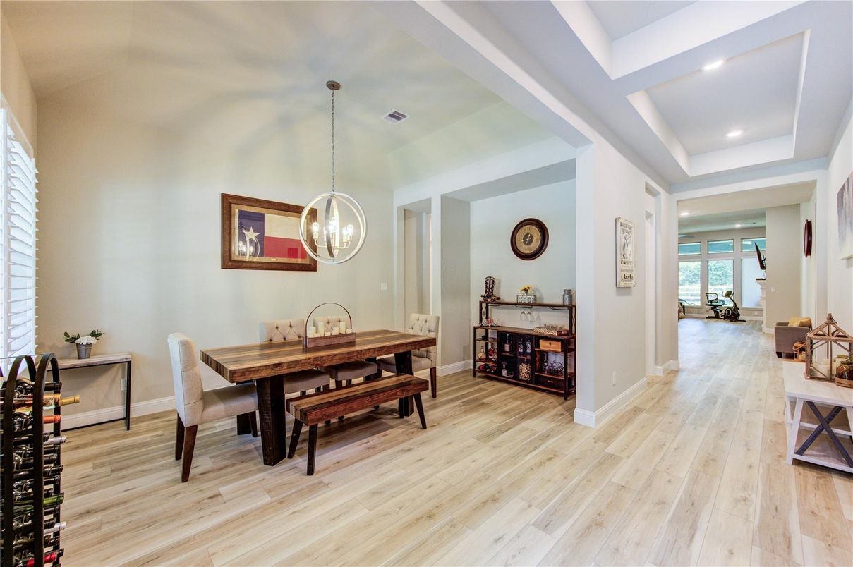 Dining room, Interior, Pendant Lights, Recessed Lighting, Wood Texture Flooring
