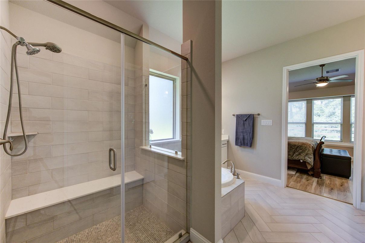 Bathroom, Glass Shower, Interior, Wood Texture Flooring