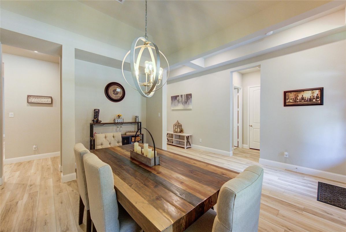 Dining room, Interior, Pendant Lights, Recessed Lighting, Wood Texture Flooring