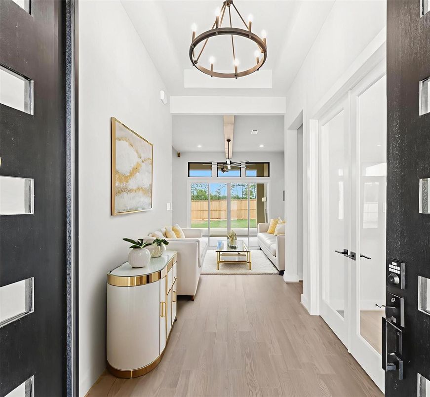 Interior, Living room, Pendant Lights, Recessed Lighting, Wood Texture Flooring