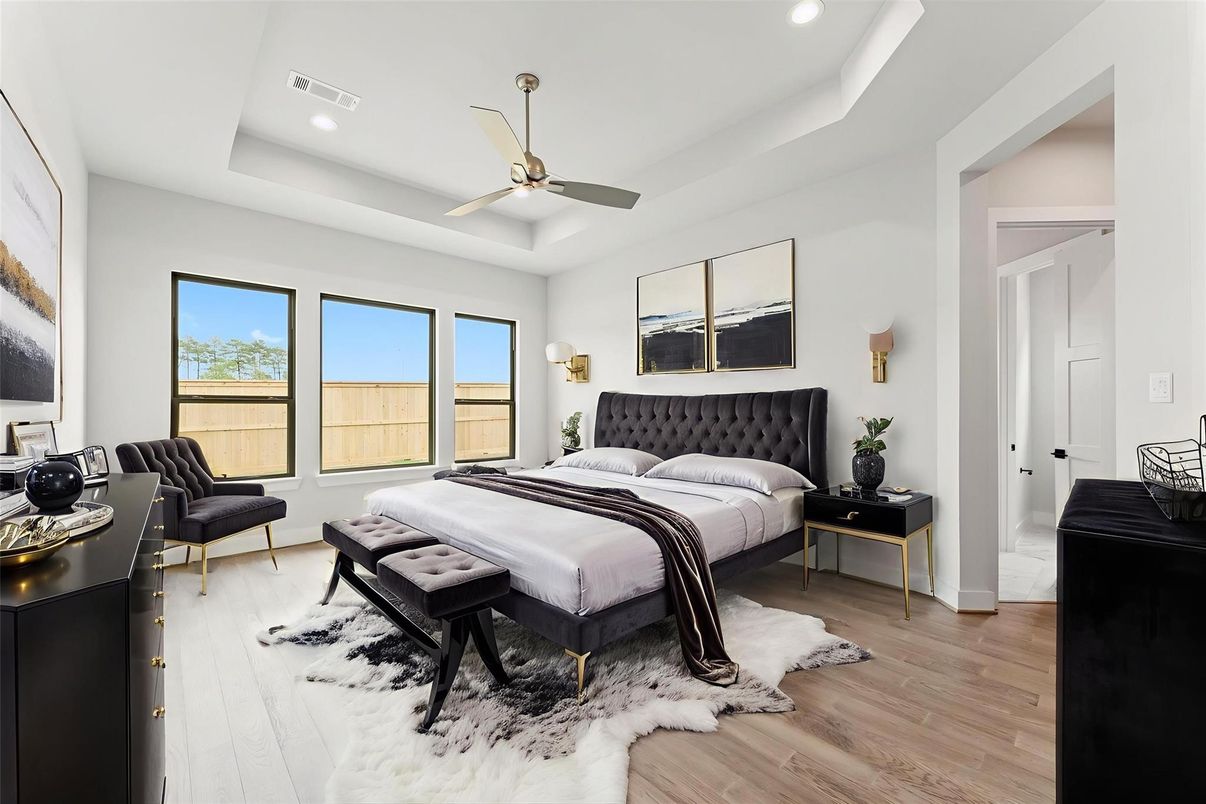 Bedroom, Interior, Recessed Lighting, Wood Texture Flooring
