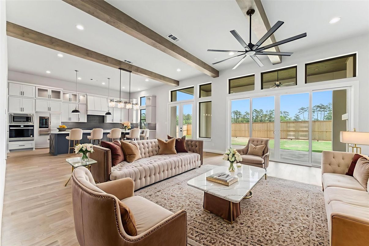 Interior, Kitchen, Living room, Pendant Lights, Recessed Lighting, Stainless Steel Appliances, Wooden Beams, Wood Texture Flooring