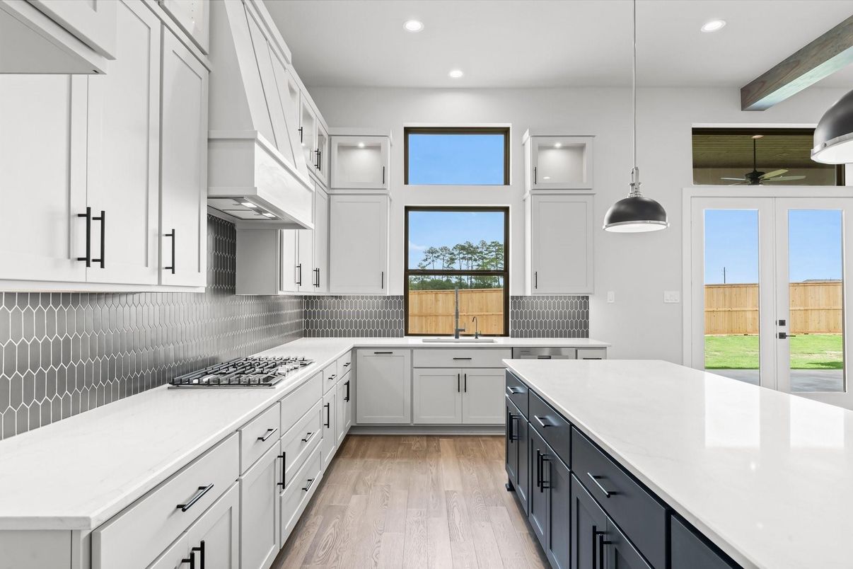 Interior, Kitchen, Pendant Lights, Recessed Lighting, Stainless Steel Appliances, Wooden Beams, Wood Texture Flooring