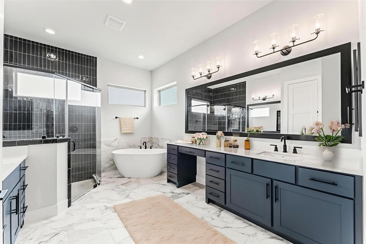 Bathroom, Dual Sink Vanities, Free Standing Baths, Glass Shower, Interior, Marble, Recessed Lighting