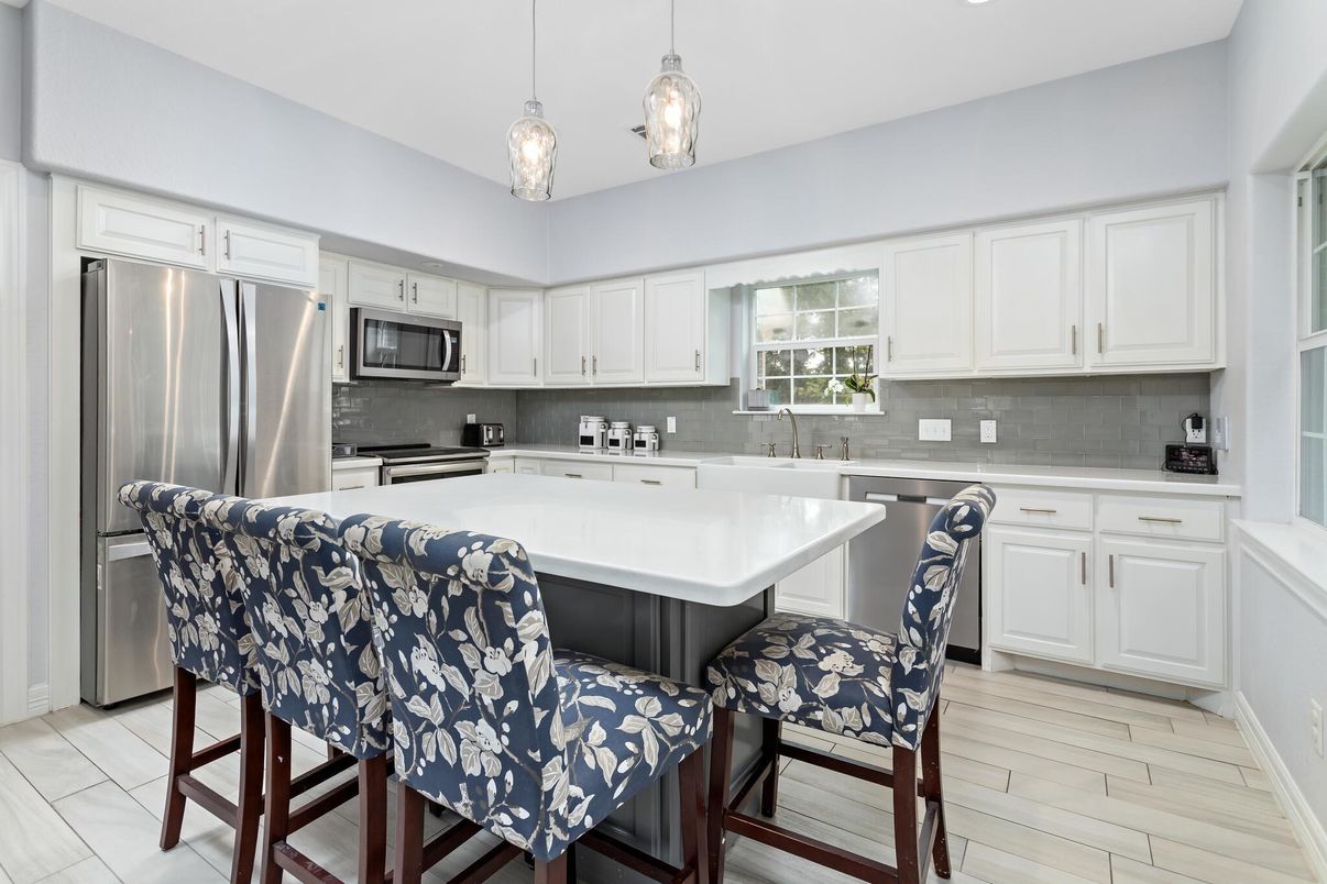 Interior, Kitchen, Pendant Lights, Stainless Steel Appliances, Wood Texture Flooring