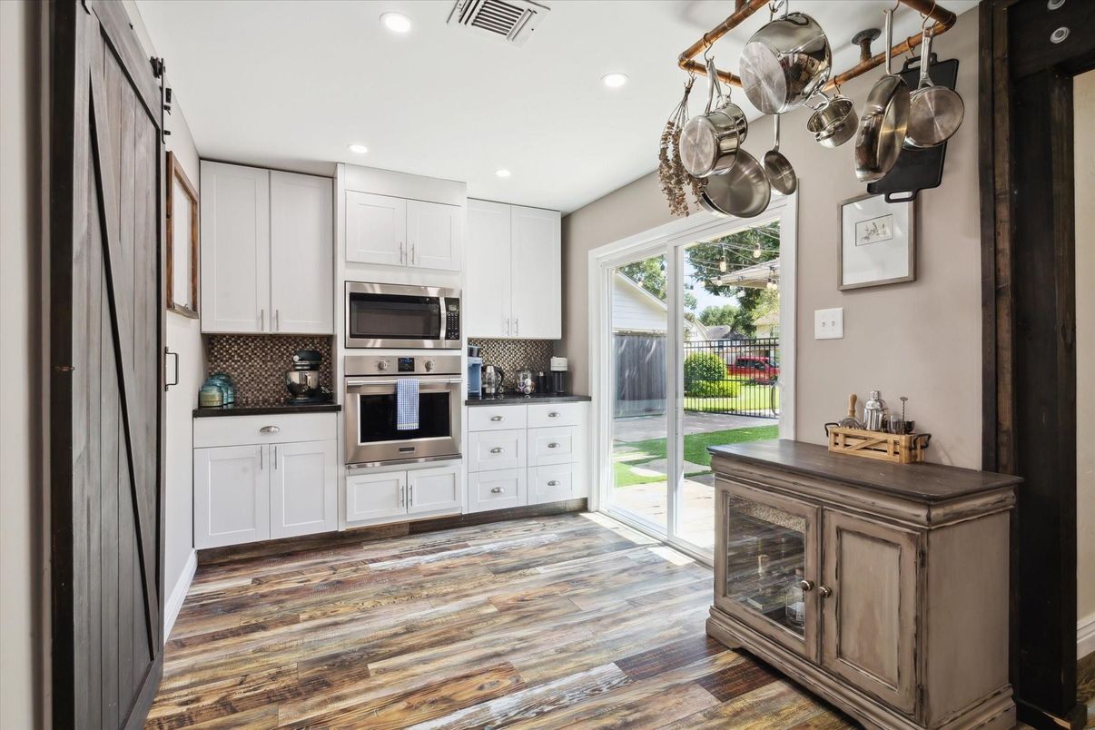 Interior, Kitchen, Recessed Lighting, Stainless Steel Appliances, Wood Texture Flooring
