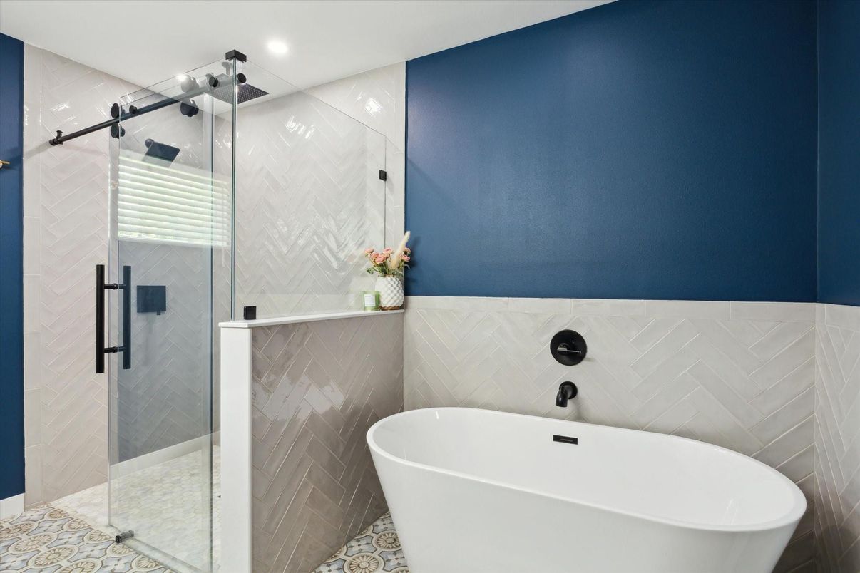 Bathroom, Free Standing Baths, Glass Shower, Interior, Marble Walls, Recessed Lighting