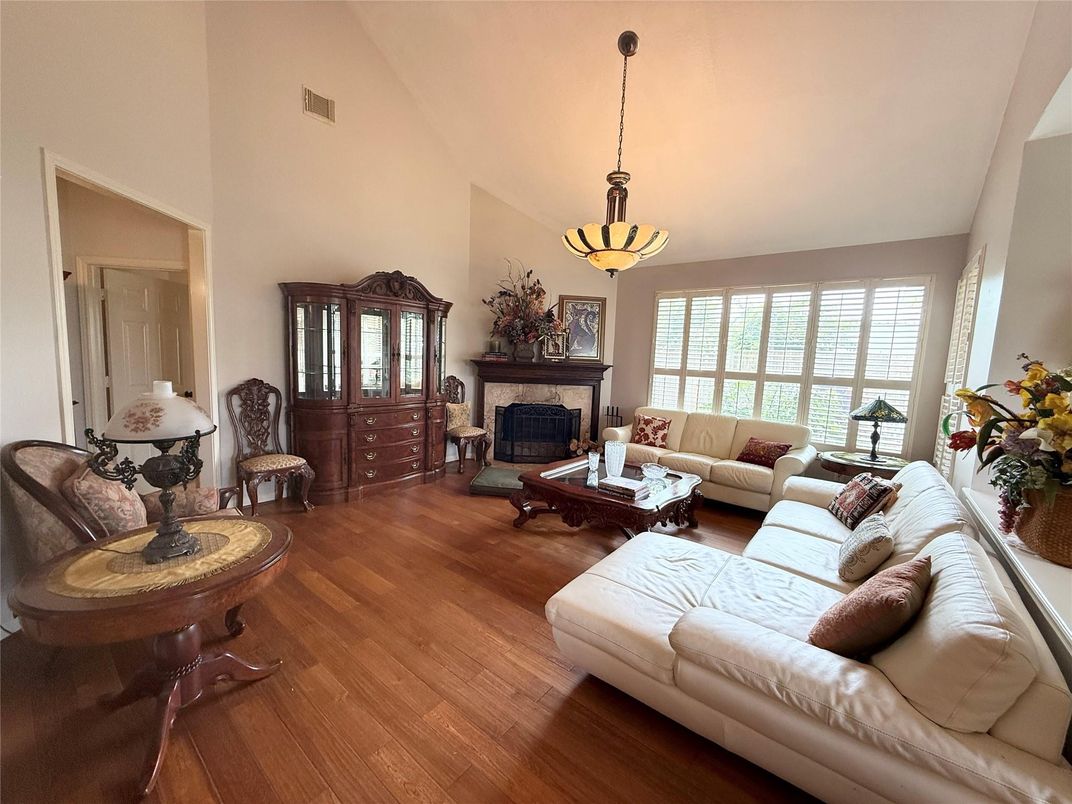 Fireplace, Interior, Living room, Pendant Lights, Wood Texture Flooring