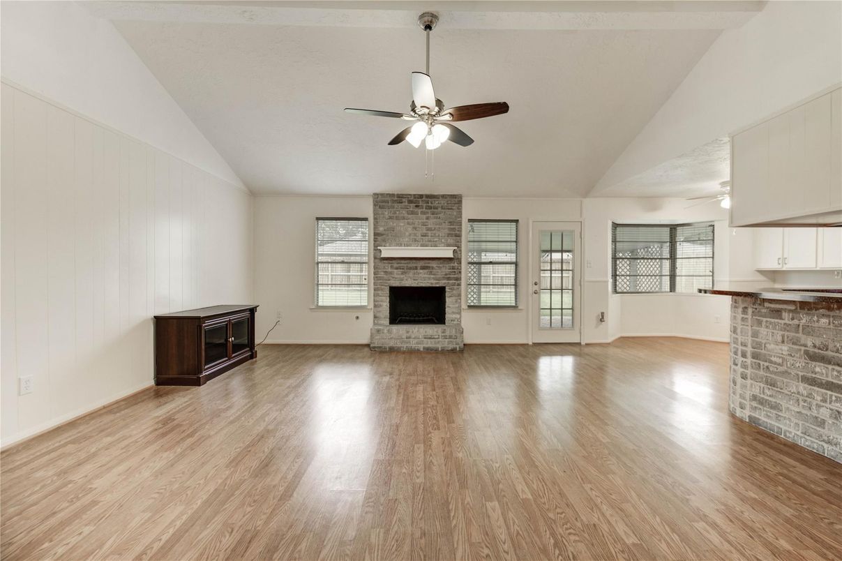 Empty room, Fireplace, Interior, Stone Walls, Wood Texture Flooring