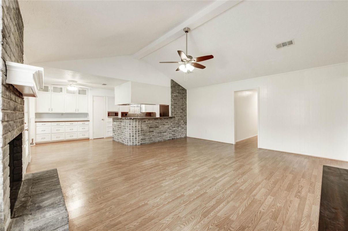 Empty room, Fireplace, Interior, Kitchen, Stone Walls, Wood Texture Flooring