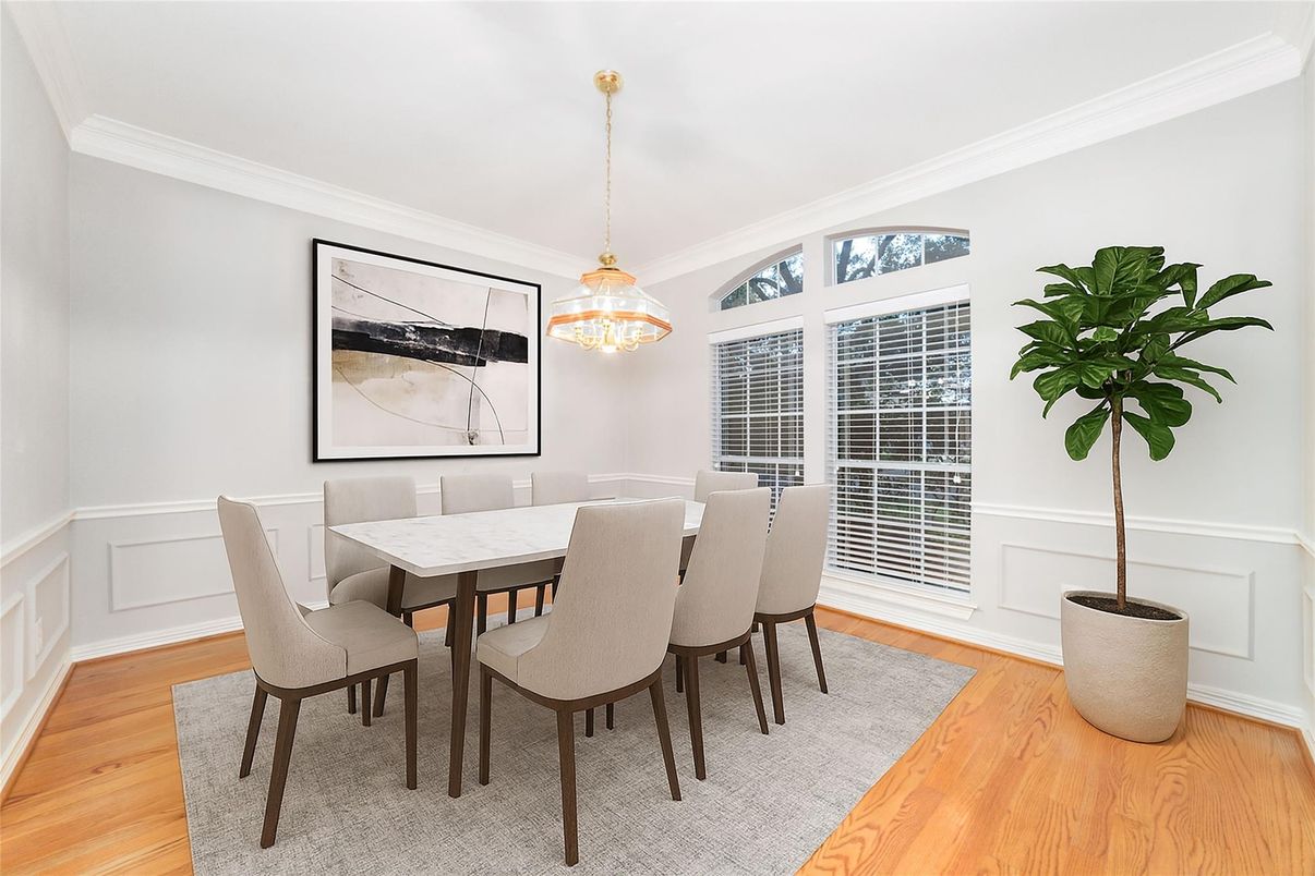 Dining room, Interior, Pendant Lights, Wood Texture Flooring