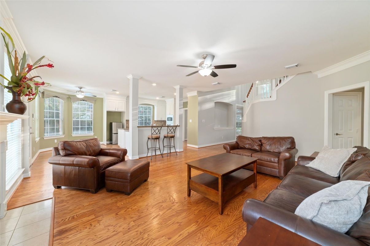 Fireplace, Interior, Kitchen, Living room, Recessed Lighting, Wood Texture Flooring