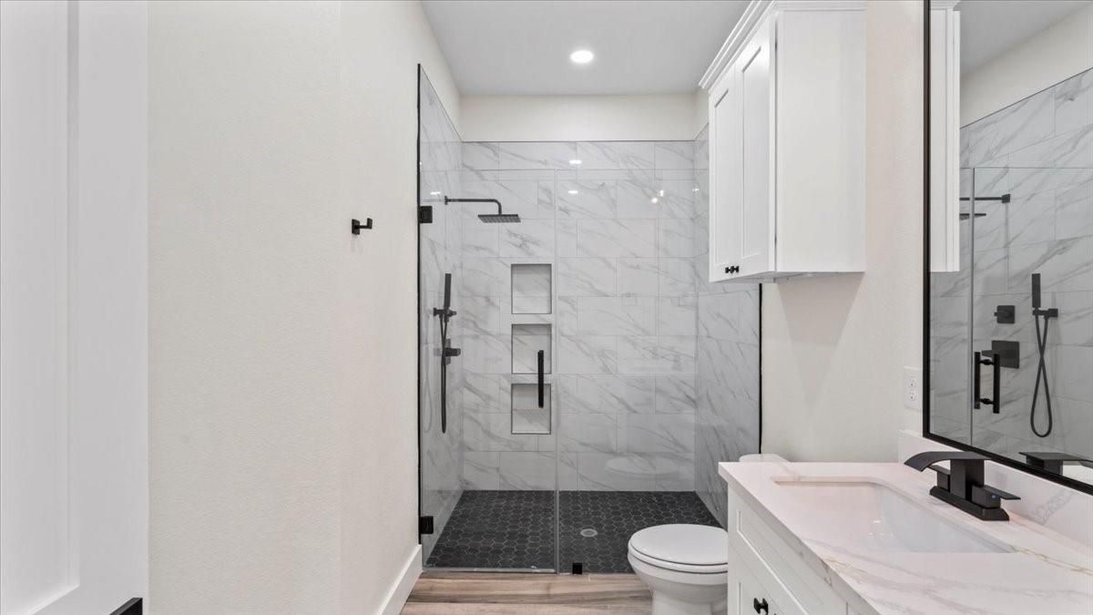 Bathroom, Glass Shower, Interior, Marble Walls, Recessed Lighting