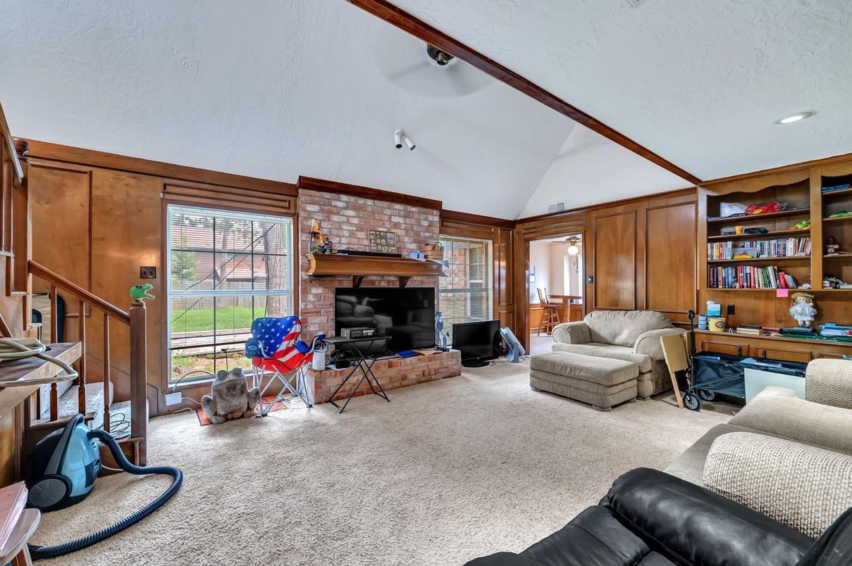 Fireplace, Interior, Living room, Recessed Lighting, Stone Walls