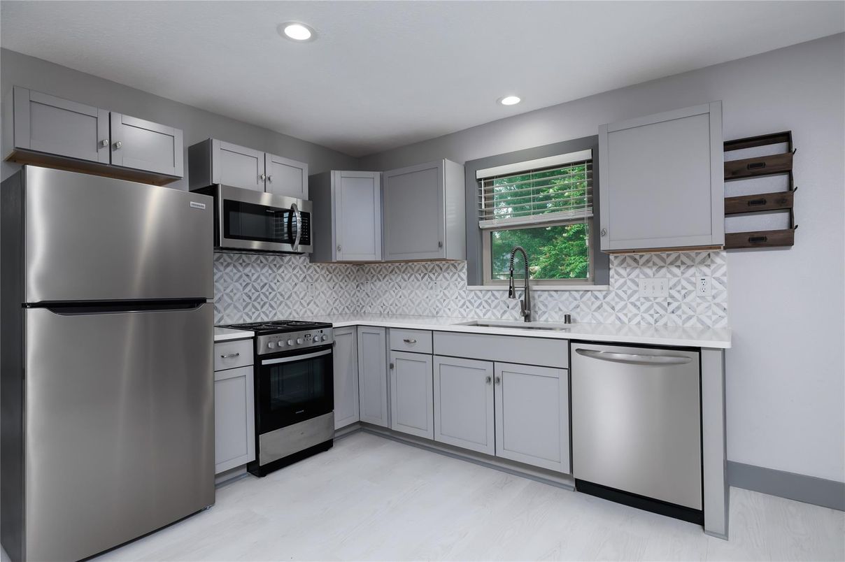Interior, Kitchen, Recessed Lighting, Stainless Steel Appliances, Wood Texture Flooring